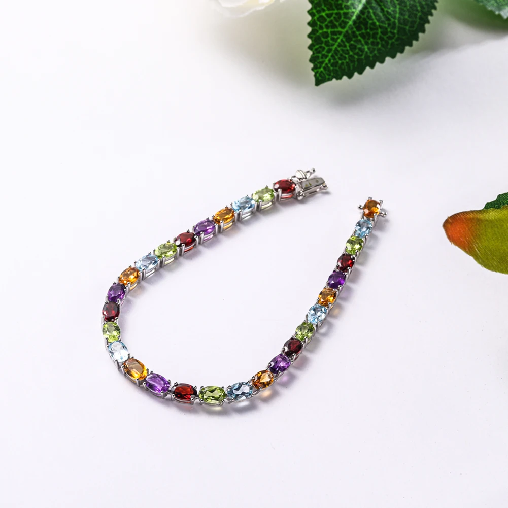 GZ ZONGFA Genuine 925 Silver Bracelet for Women Natural Garnet Peridot Amethyst Mixed Color Charm Fine Jewelry