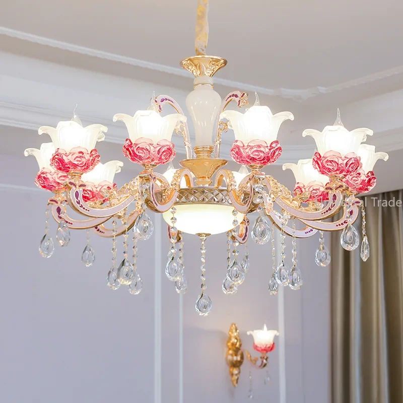 

European Luster Crystal Chandelier Living Room Luxury Purple Petal Chandelier LED Crystal Hall Ceiling Decoration Lighting