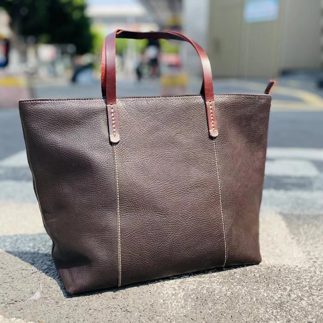 Leather Tote Bag Large Capacity Shopping Bag Zipper Color Contrast Vintage Top Layer Cowhide Single Shoulder Women