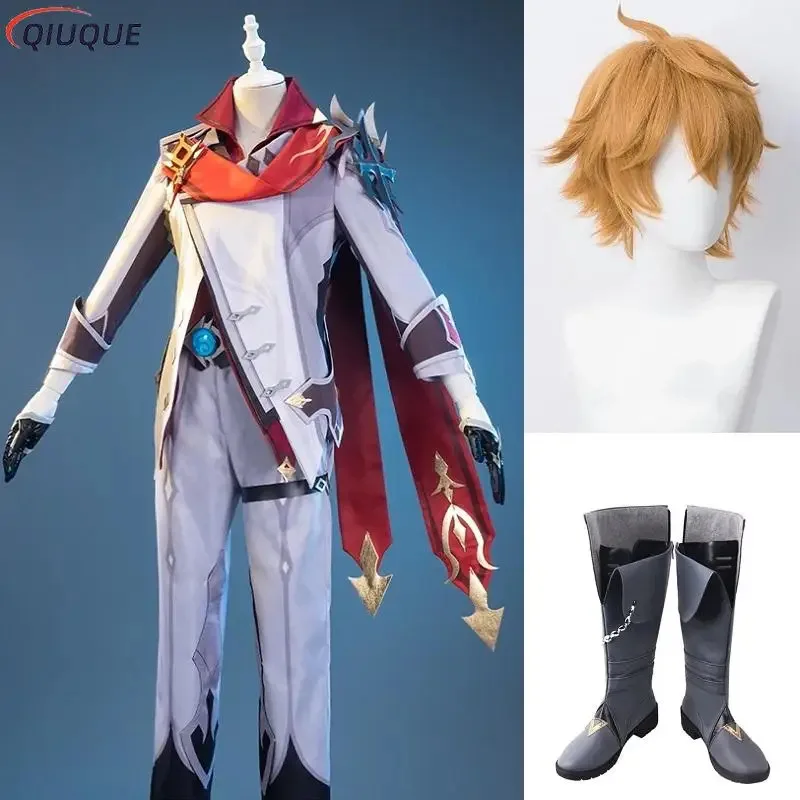 ゲーム原神タルターリアコスプレ衣装 30 センチメートルショートブラウンウィッグ靴レザーブーツハロウィンコスチューム sf/1