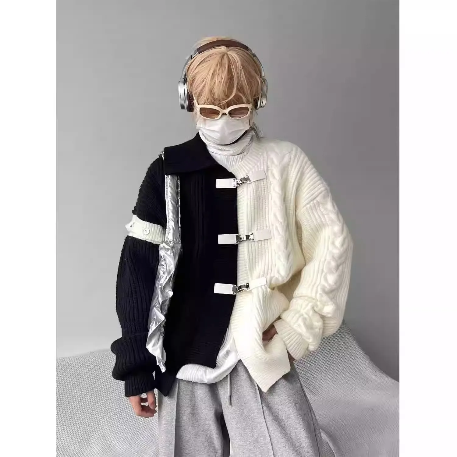 2025 خريف شتاء جديد غير النظامية أبيض رمادي تقسم سترة الرجال زر معدني فضفاض أسود فضفاض سترة مشغولة من الصوف #4