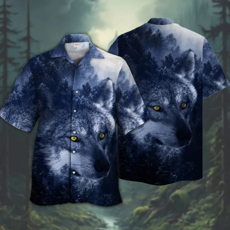 Retro Men\'s Shirt 3d Wolf Print Short Sleeve Tops Cuban Collar Shirt Oversized Man Clothing Beach Casual Hawaiian Shirts For Men