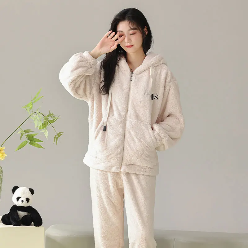 Pajama Sets Y2K Women Fleece Mint Solid-Color Pocket Detail Capris Furry Night Set Fireside Reading Fall Charming Loose Cozy Ins