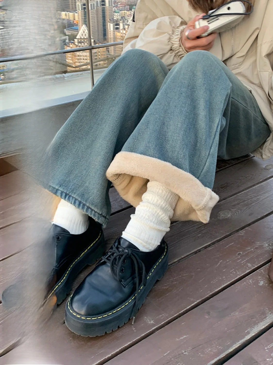 

Джинсы с широкими штанинами в стиле ретро, женские повседневные джинсы на подкладке в Корейском стиле с высокой талией, свободный крой на молнии, осень-зима