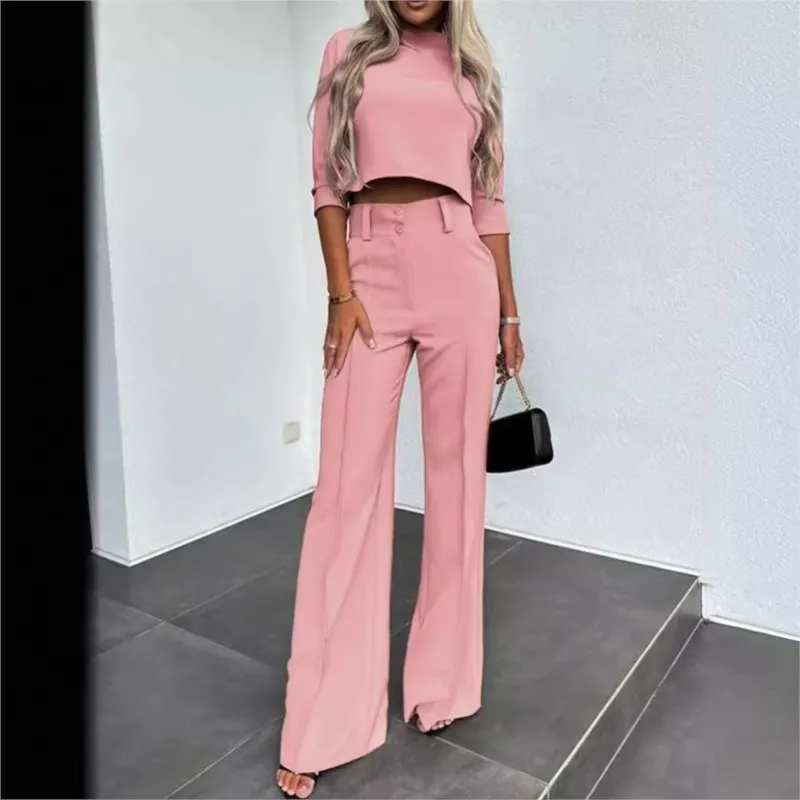 2024 New Autumn Fashionable Small Turtleneck Slim Fit Women\'s Suit Solid Color Micro-flared Pants Suit Office Ladies Formal Wear