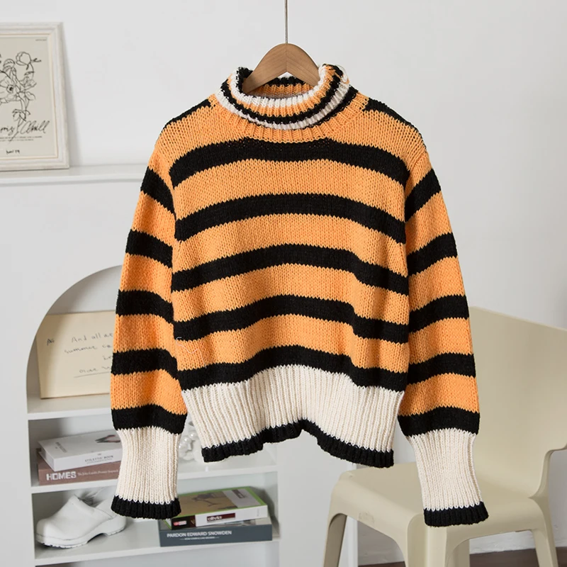 

Ladies High Collar Long Sve Knitted Sweater Overhead Striped Top Comfortable Loose Fit Autumn Winter Faion Commute Sle