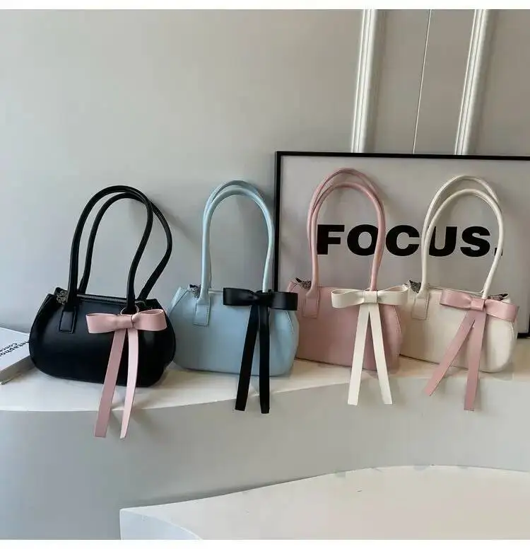 Bloom Haruku Bow Pink Shoulder Bags Women 2025 Fairycore Aesthetic Leather Underarm Bag Ladies Versatile Casual Handbag Y2k