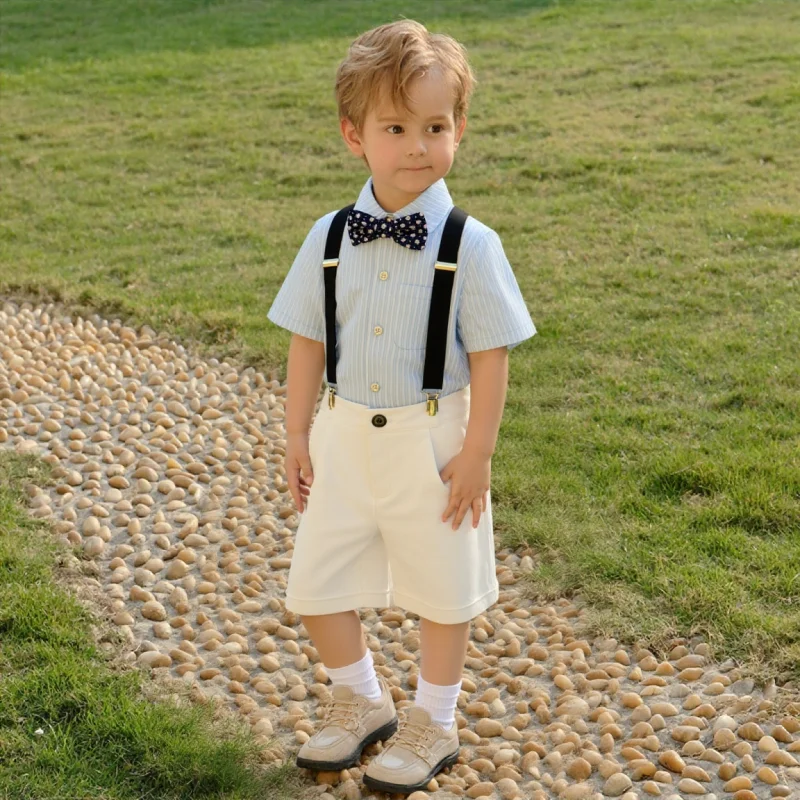 School Kids Breathable Shirt Shorts Strap Bowtie 4Pieces Clothes Set Boys Wedding Dress Children Graduation Photography Suit