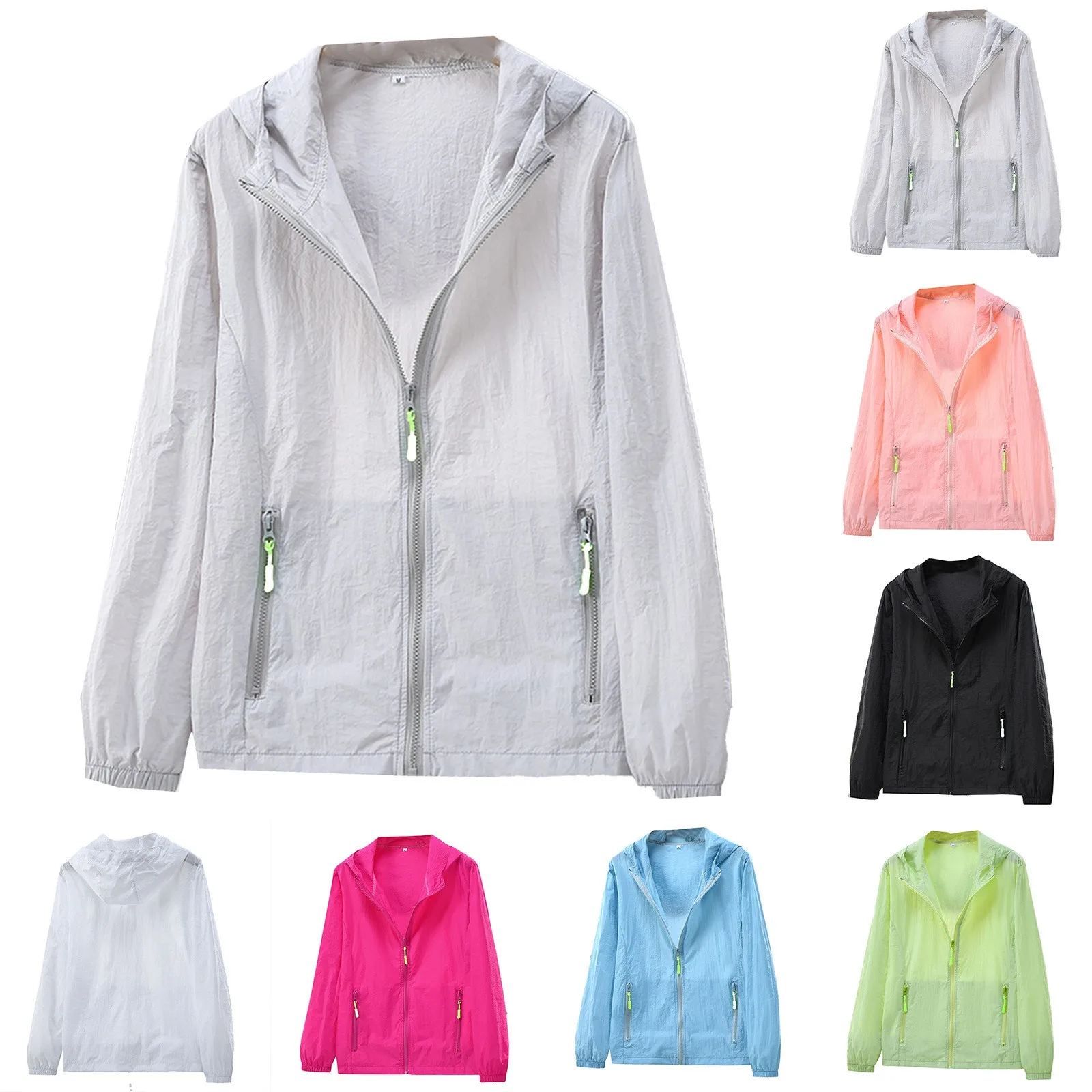 

Women Men Candy Color Lightweight Sun Protective Outdoor Cycling Sports Jacket Quick Dry Zipper Hooded Sunscreeen Fishing Outfit