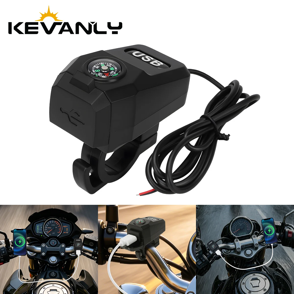 12V 24V Multifunctional Motorcycle USB Fast Charger Handlebar Style Portable Navigation Compass for Car Motorcycle Bicycle Boat