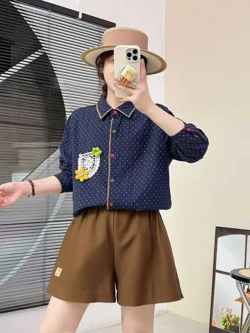 جديد 2025 خريف غزل القطن قميص طويل الأكمام ، المرأة بدوره إلى أسفل طوق التطريز جيب ، موري فتاة ريترو OL بلوزة فضفاضة T5O754CC #5