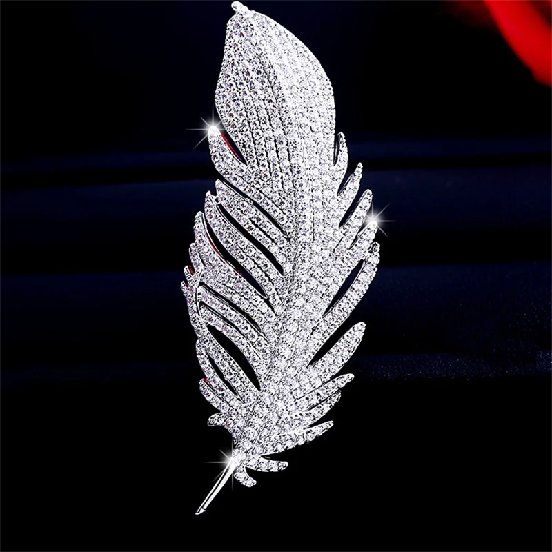 Luxury Micro-inlaid Zircon Feather Brooches for Women and Men  Clothing Accessories Pins Exquisite Fashionable Corsage Jewelry