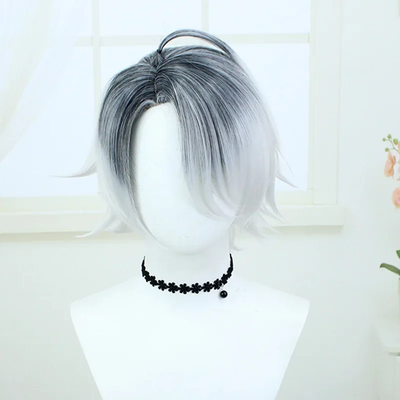 

Синтетический парик Emil для косплея, персональная игра, V-образный, белый, серый, градиентный, белый, Короткий волос