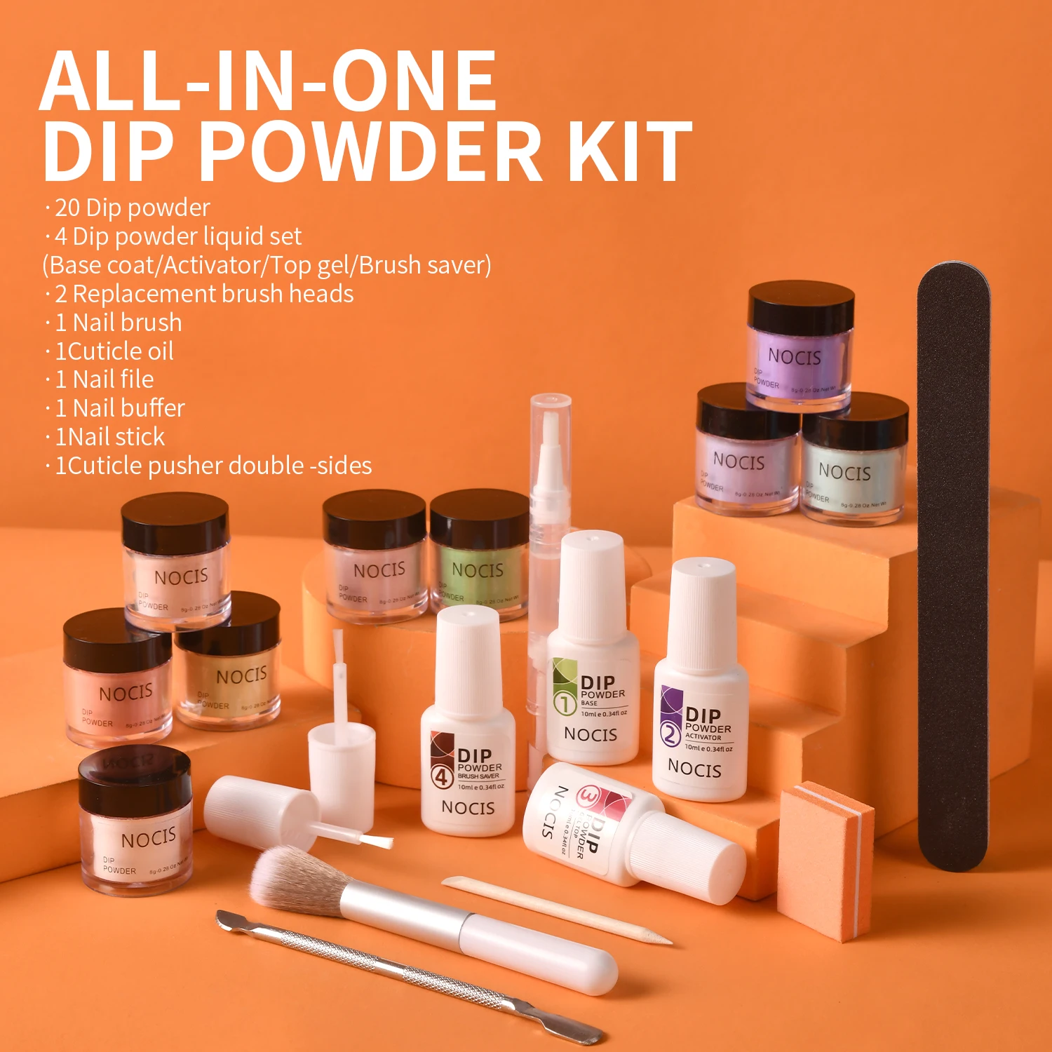 NOCIS 33-teiliges Imprägnierpulver-Nagelkunst-Set – Dip-Maniküre-Set mit 20 rosa, lila, braun glitzernden Farben, Top/Primer-Aktivato