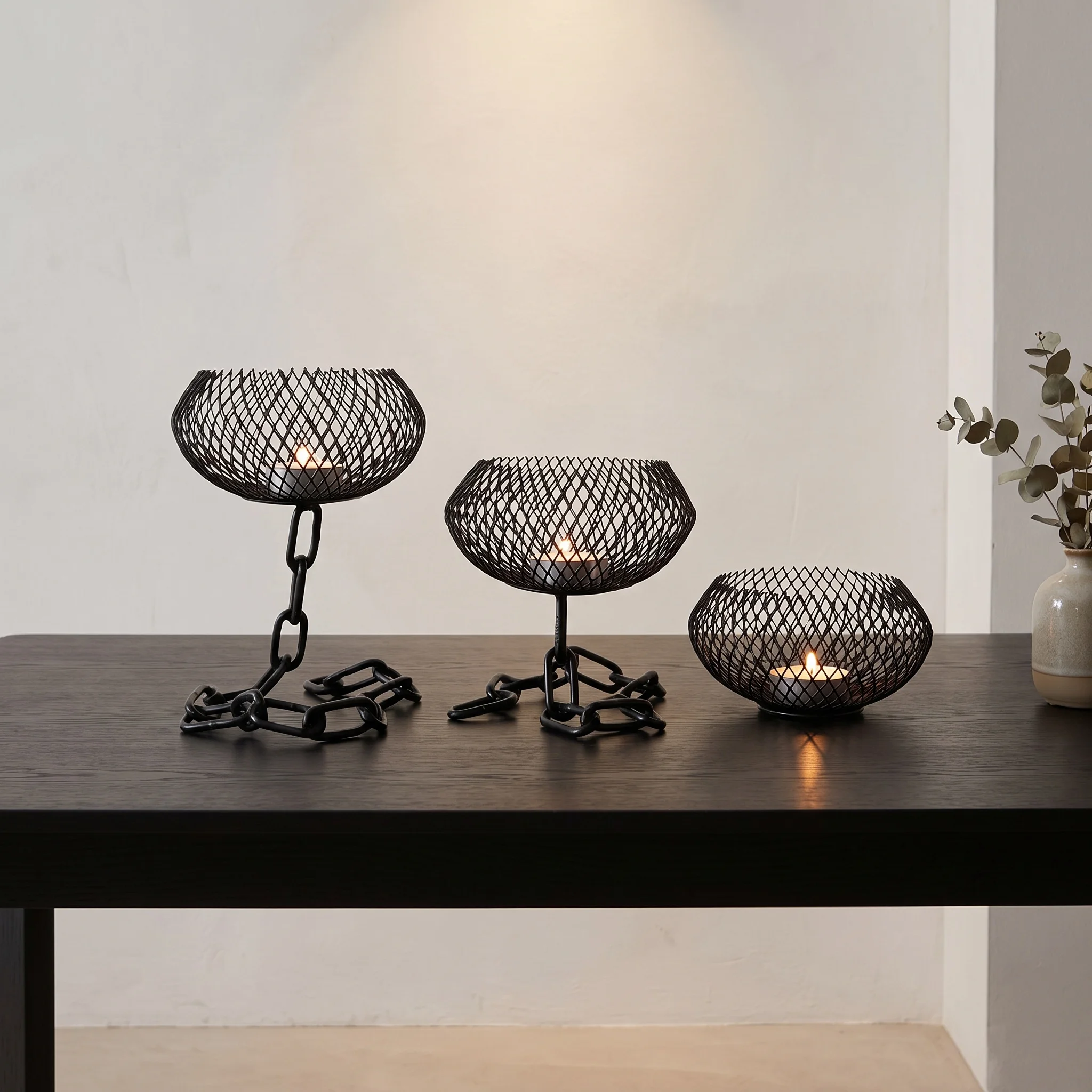 Set of 3 Chain Base Mesh Iron Candlestick Set Multi Color Mesh Bowl Tealight Candle Holder for Bar Cafe Wedding Table Decor Gift