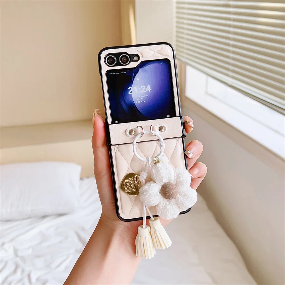 FLower Ring Leather Phone Case for Samsung Galaxy Z Flip 6 5 4 3 Flip5 Flip4 Flip3 5G Protective Shockproof Cover