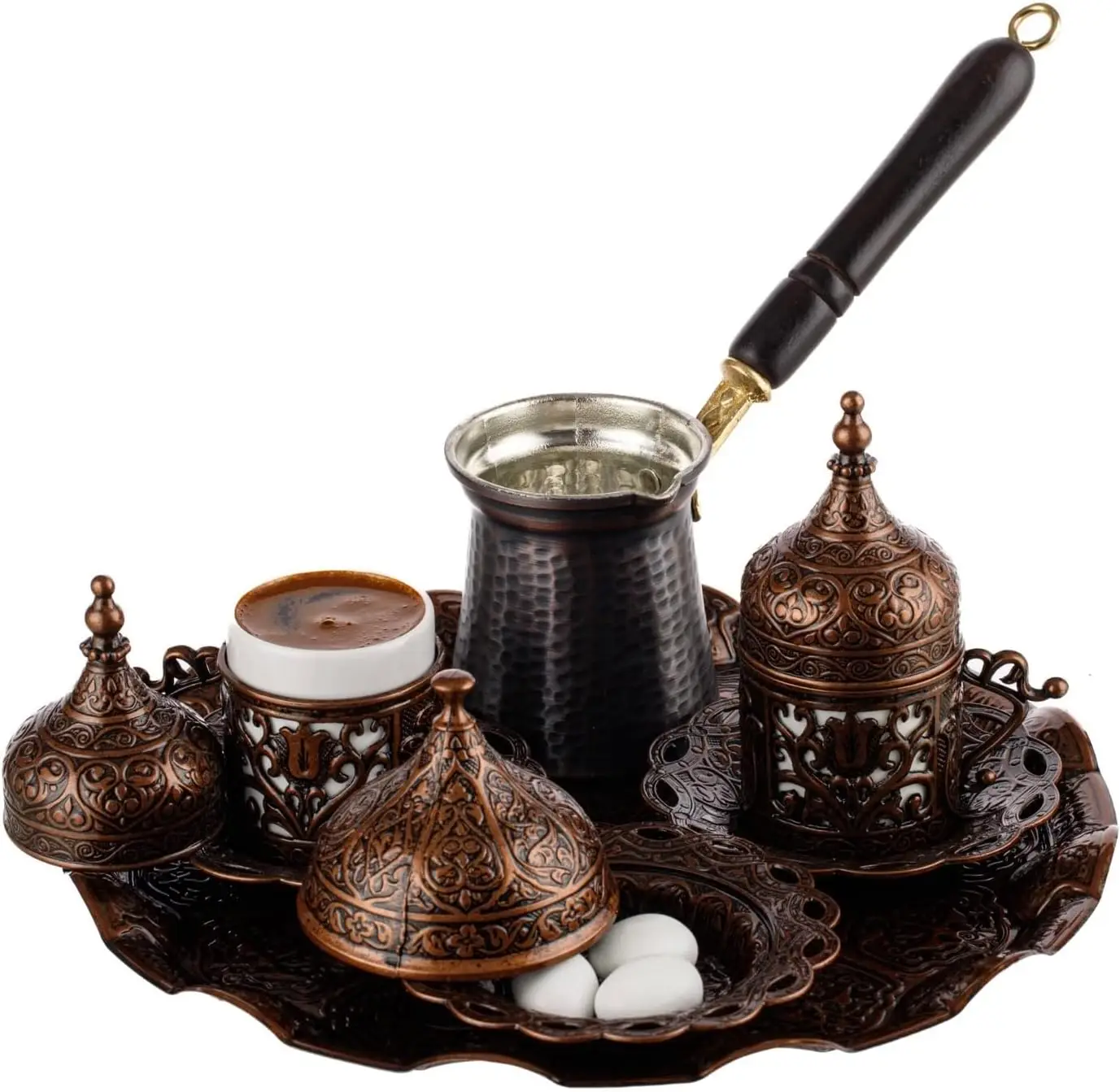 Conjunto completo para fazer e servir café turco com xícaras, pires, tampas, bandeja de açucareiro e pote de cobre, 12 peças, decorado à mão com