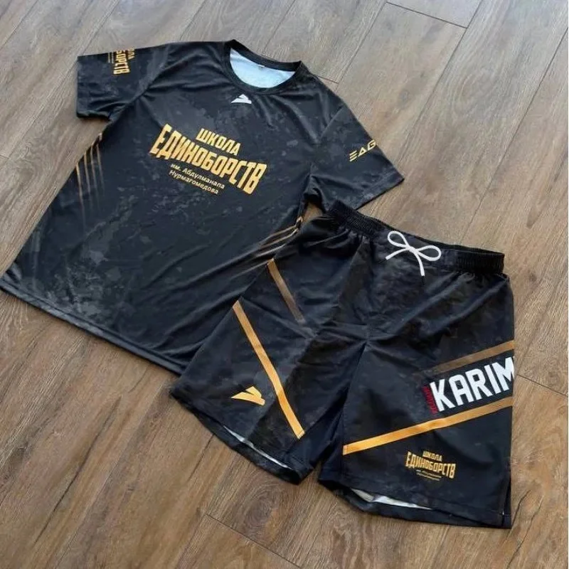 2026 Russian Fighting Wear resistant Quick drying Shirt Black Gold Printed Short sleeved Shorts Jujutsu Training Sports Set