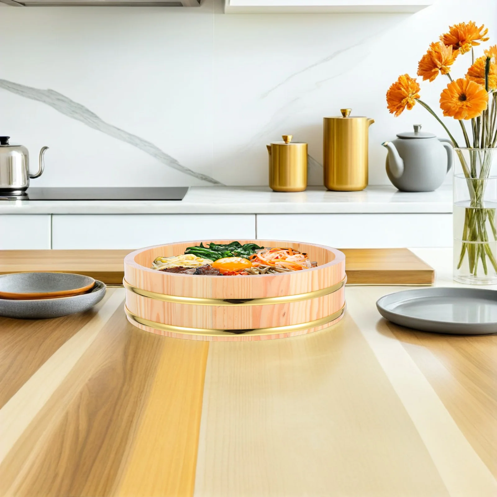 

Японская традиционная деревянная чаша-хангиро (оке) 26 см для ресторана, прочное ведро для хранения продуктов, с золотым ободком, большая