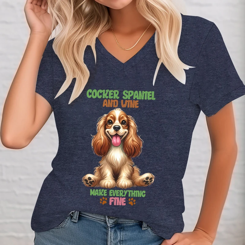 Women\'s Cute Spaniel T-Shirt Summer Cartoon Short Sleeve Tshirt Dog Paw Funny Design Loose V-Neck Tshirt Cocker Dog Lovers Tees