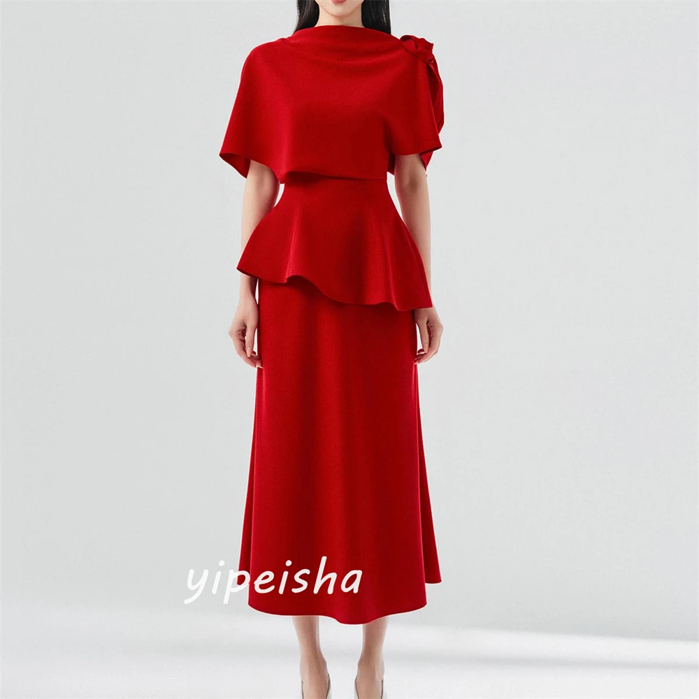 Jiayigong  Satin Flower Draped Tiered Beach A-line High Collar Bespoke Occasion Gown Long Sleeve Dresses