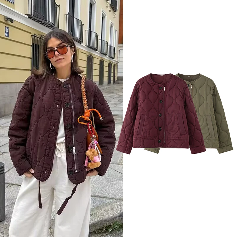 

RAFZNB Women's Coats Fashion Casual Quilted O-Neck Long Sleeve Jackets Coats Woman Warm Parkas Female Outerwear Chic Tops