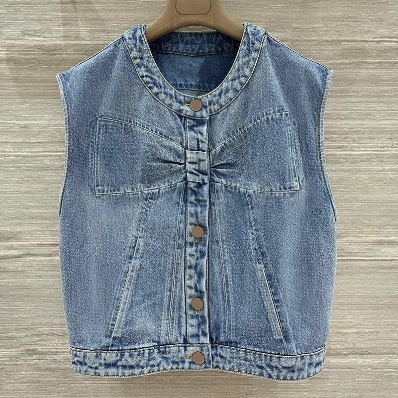 معطف جينز عالي الجودة بتصميم عالي الجودة من القطن بالكامل سترة نسائية محبوكة بفيونكة بدون أكمام ملابس خارجية 25110755