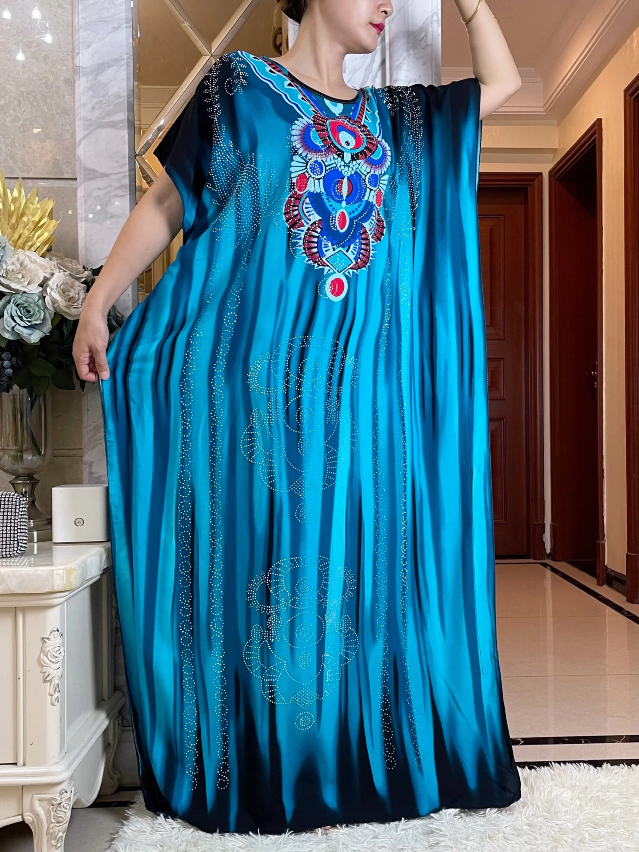 Newest Summer Party Dress Short Sleeve With Big Scarf Printing Floral Loose  Boubou Maxi Islam Women  African Abaya Clothes