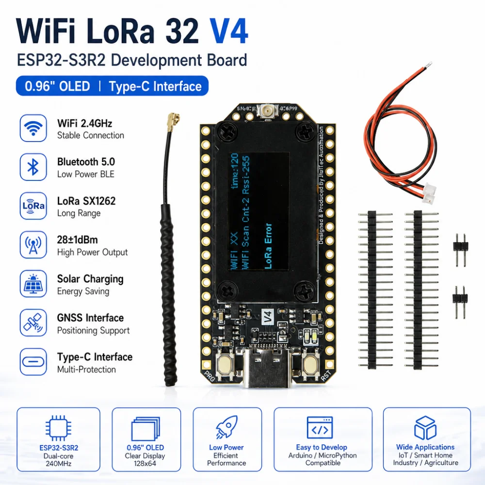 WiFi LoRa 32 V4 ESP32 Bluetooth WiFi Development Board, 0.96-inch OLED Screen ESP32-S3R2 Low-Power IoT Development Board