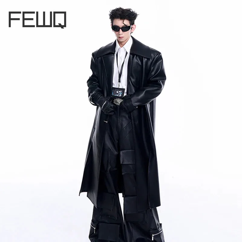 

FEWQ Knee PU Leather Men Jacket Winter Coat Silhouette Windbreaker 2024 Darkwear Metal Buckle Male Tops Fashion 24E1738