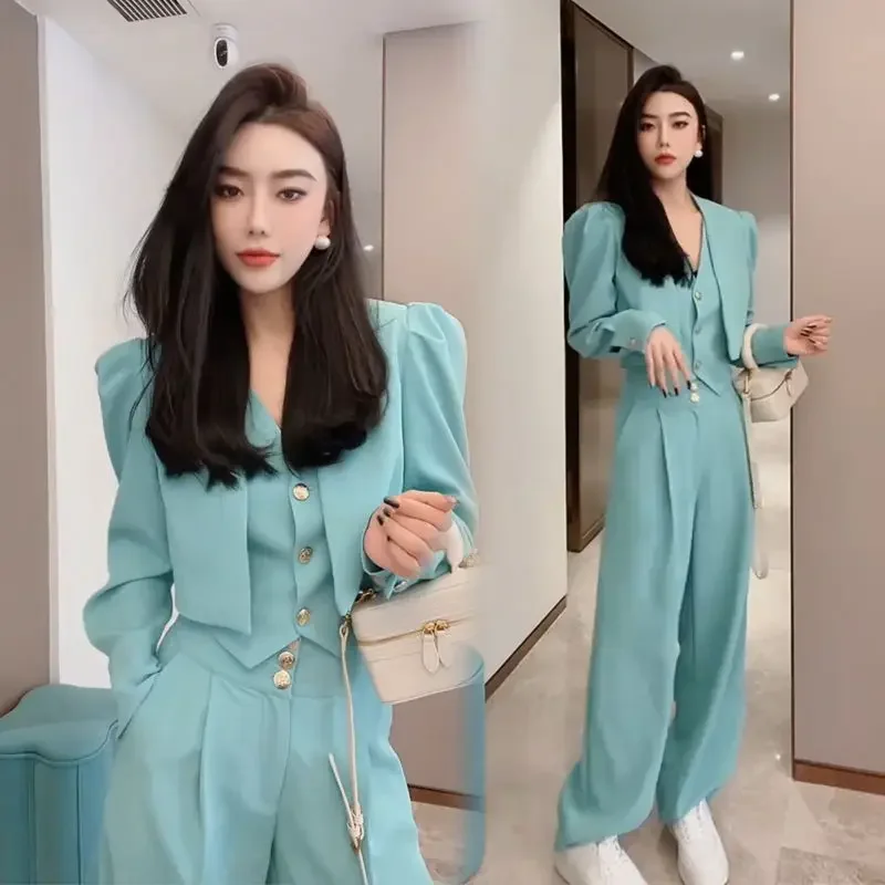 Insozkdg Spring Small Fragrant Style Blazer Vest Wide Leg Pants Three-piece Set Vintage Casual V-neck Vest Blazer Trousers Sets