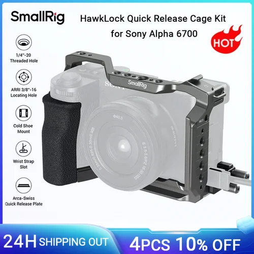 SmallRig A6700 Cage HawkLock Kit de jaula de liberación rápida para Sony Alpha 6700 w Agarre de silicona, abrazadera de Cable y placa para Arca 5060