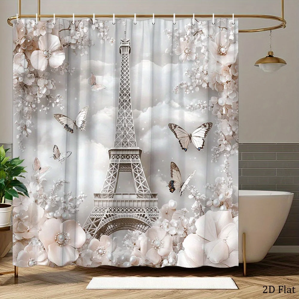 1pc Parisian Dream Shower Curtain Eiffel Tower Pink Flowers Translucent Butterflies Home Polyester Fabric Bathtub Partition Spla