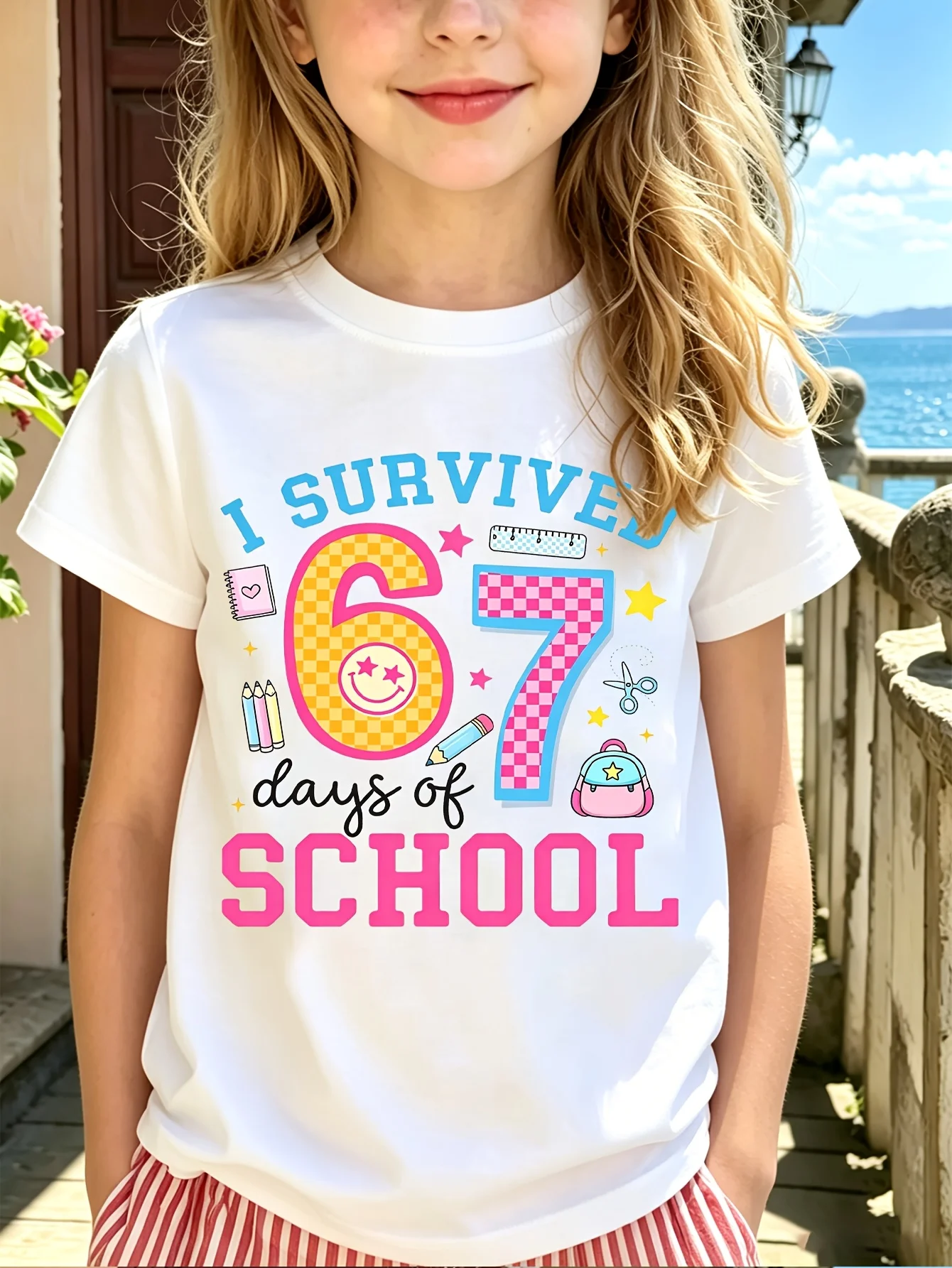 Family Matching T Shirt Checker Number School Days Graphic Print Short Sleeve Cotton Tee For Boys Girls Kids Daily Casual Wear