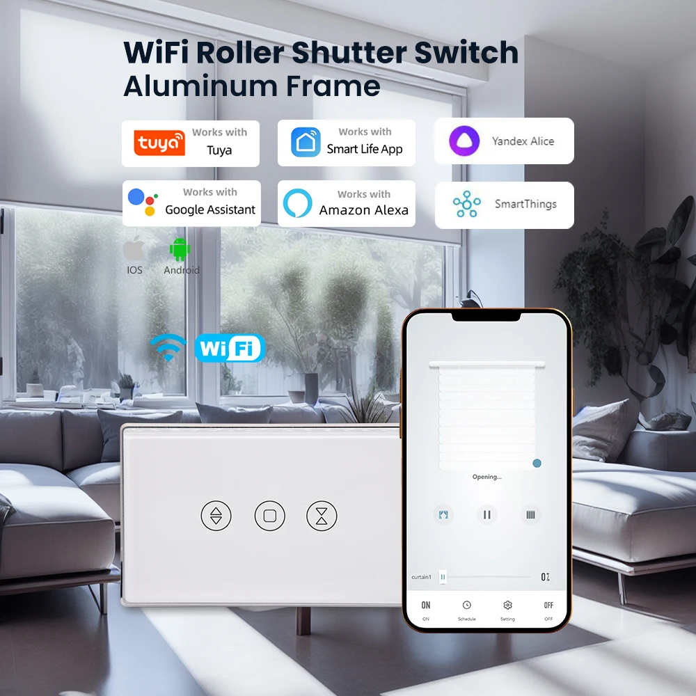 

LOUYSGEN Wi-Fi переключатель рольставней США Алюминиевая рама 2,5D Arc Edge Таймер Расписание Настенный выключатель света Нейтральный провод Стекло Tuya