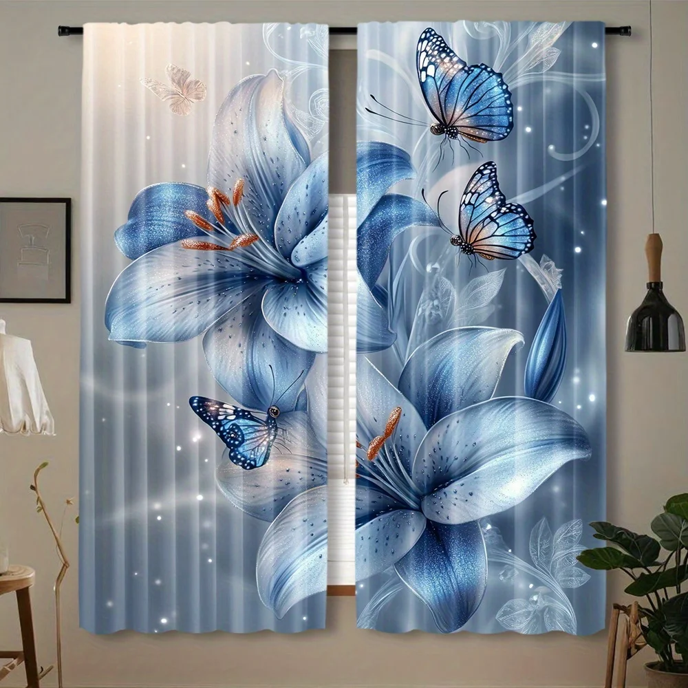 Blue Lily Butterfly Curtains 2 Panels, Glitter Blue Lily Vivid Butterfly Soft Mist Light Gray Window Drapes for Girl Bedroom