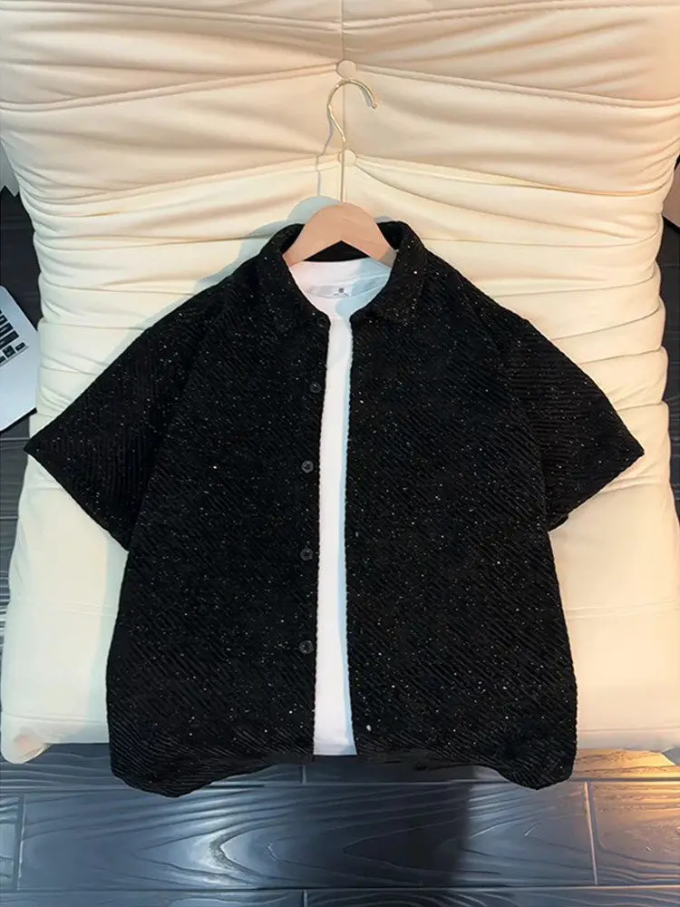 

Heavyweight Summer Short Sleeve Shirt Men's Cool Feeling Shoulder Appropriate Five Button Open Cardigan Style Casual Shirt