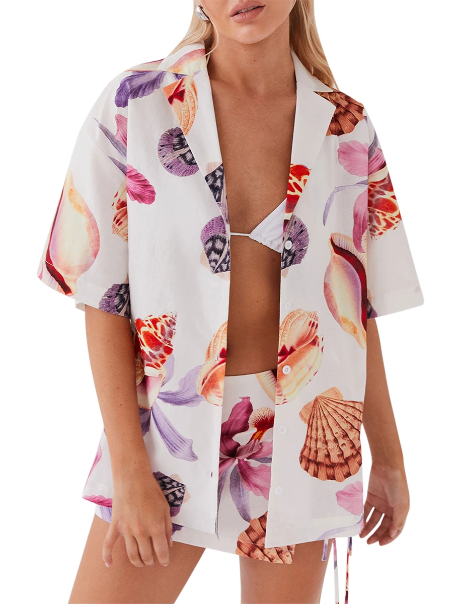 Completi estivi da donna in 2 pezzi manica corta camicia oversize abbottonata gonna divisa Set Beachwear Set Beachwear