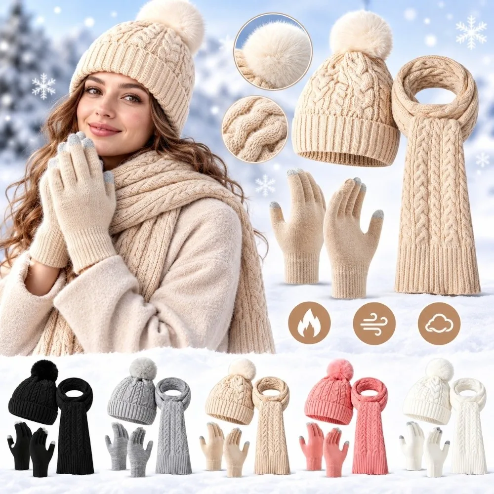 3Pcs/Set Warm Winter Hat Scarf Gloves Set Knitted Windproof Knit Beanie Snood Set Elastic Thicken Scarf Neck Warmer Suit