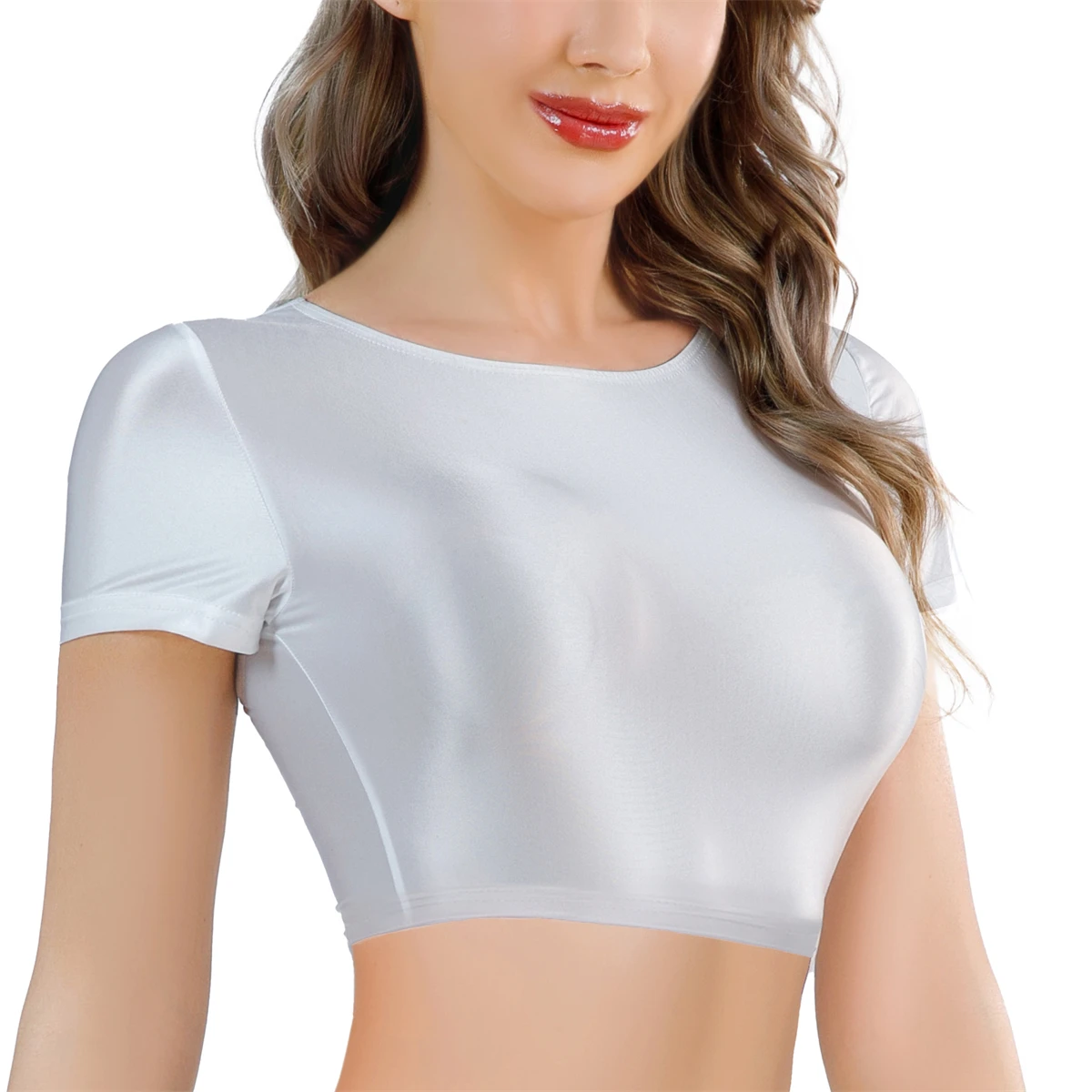 Sexy Women Oil Glossy Shiny Short T-shirts Short Sleeve Elastic Slim Fit Crop Tops Sports Gym Fitness Yoga Dance Breathable Tees