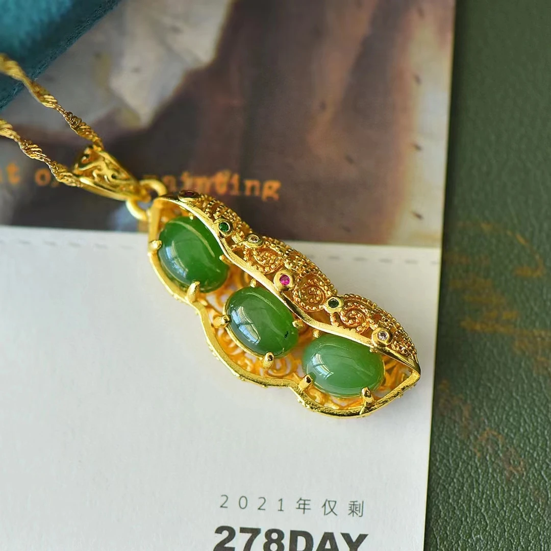 Miedziany inkrustowany naturalny Hetian jadeit Jasper Fu fasola wykwintny wisiorek biżuteria damska prezenty naszyjniki biżuteria Bijoux Femmes