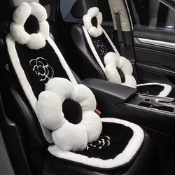 Plush Cute Car Waist Pillow Embroidered Camellia Flowers Car Headrest Neck Protection Pillow Front Rear Seat Cushion Car Cushion