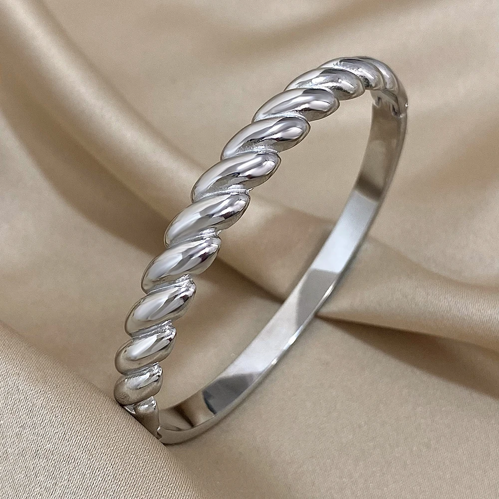 AENSOA Classic Simple Stainless Steel Twist Charm Bracelet for Women Men Vintage Metal Bracelets Rust-proof Wrist Jewelry Party