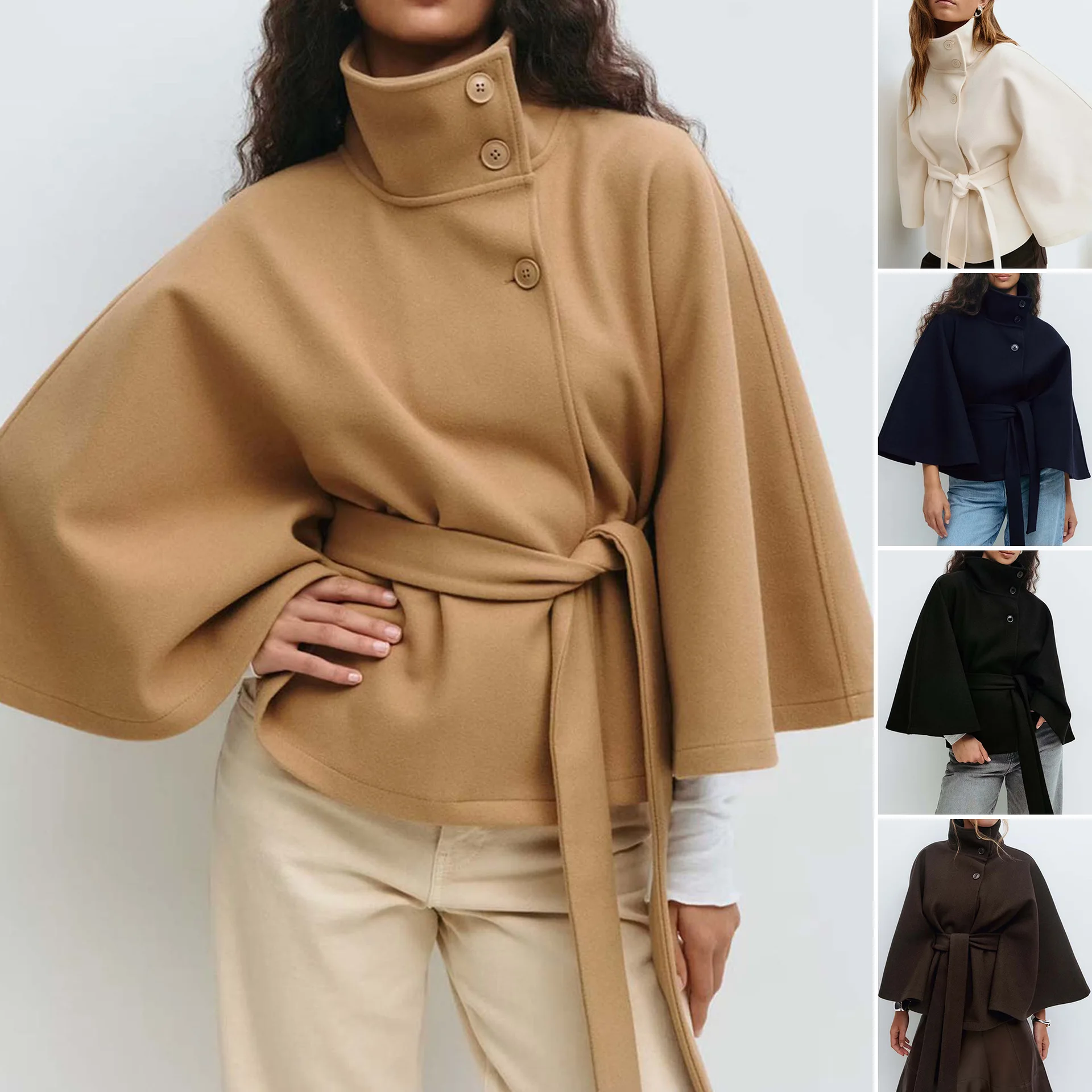Women Stand Collar Button Belted Cape Poncho Coat Autumn Winter Solid Color Elegant Loose Outerwear Женское пальто