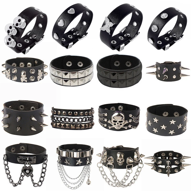 2023 Punk Rivet Nightclub Trend Bracelet Skull Bracelets Bangle Crystal Heart Gothic Fashion Pu Leather Jewelry Wholesale