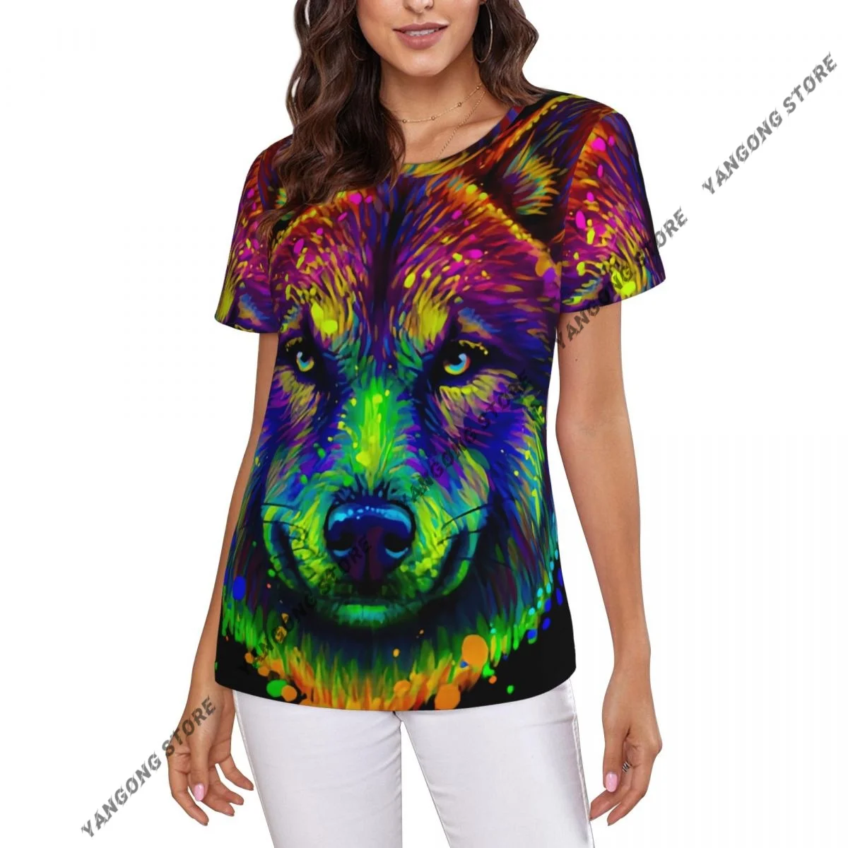 T Shirt Women Neon Wolf Head Tee Shirt Casual Round Neck Short Sleeve Streetwear Female T-Shirt