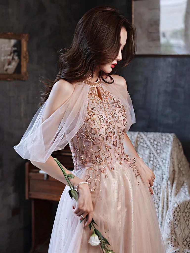 

Halter Champagne Pink Prom Dresses A-line Zipper O-Neck Sequins Off The Shoulder Beading Formal Evening Party Bridesmaid Gowns