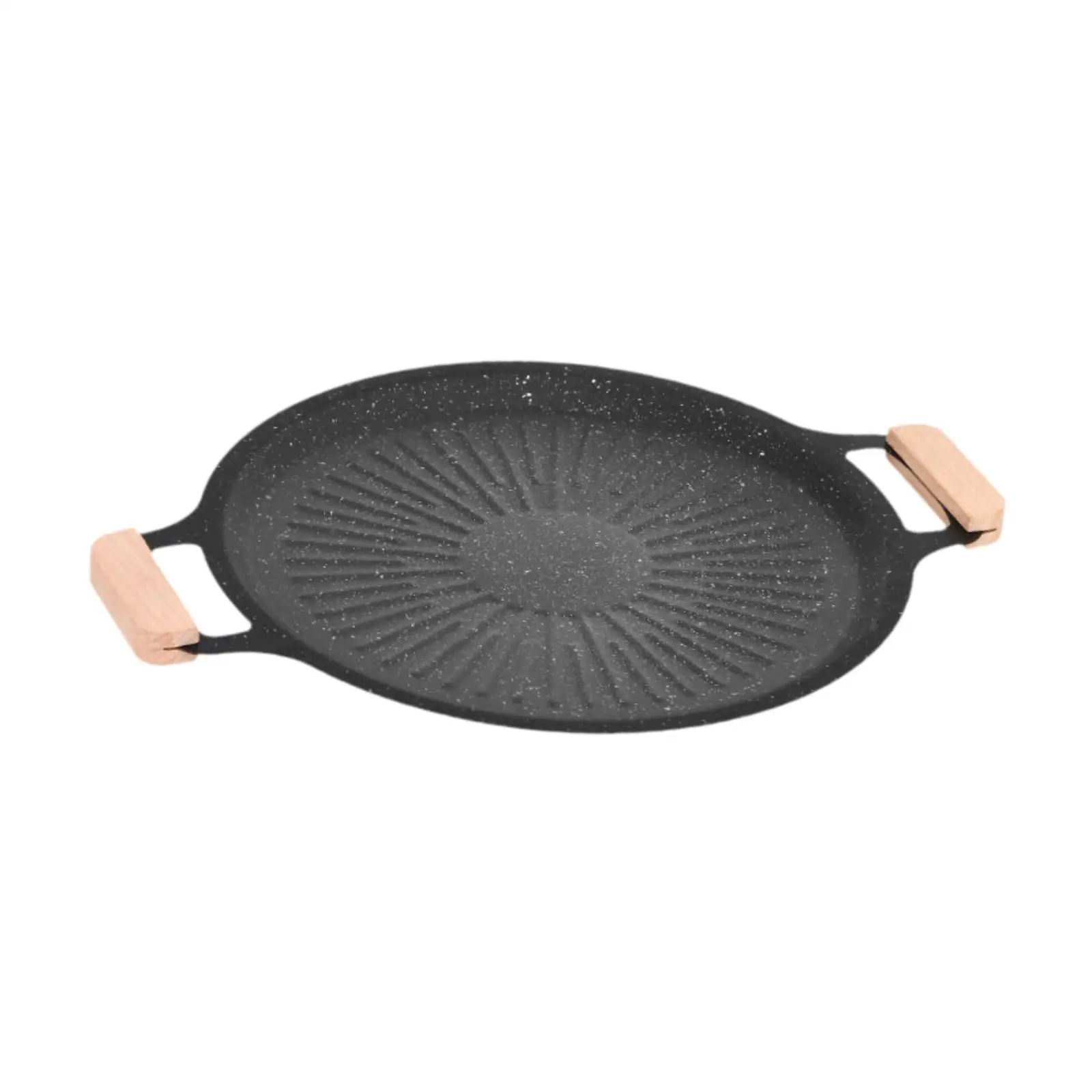 Cast Iron Grill Pan Non Stick BBQ Fry Pan with Ergonomic Wooden Handle for Indoor Outdoor Electric Induction Cooktop