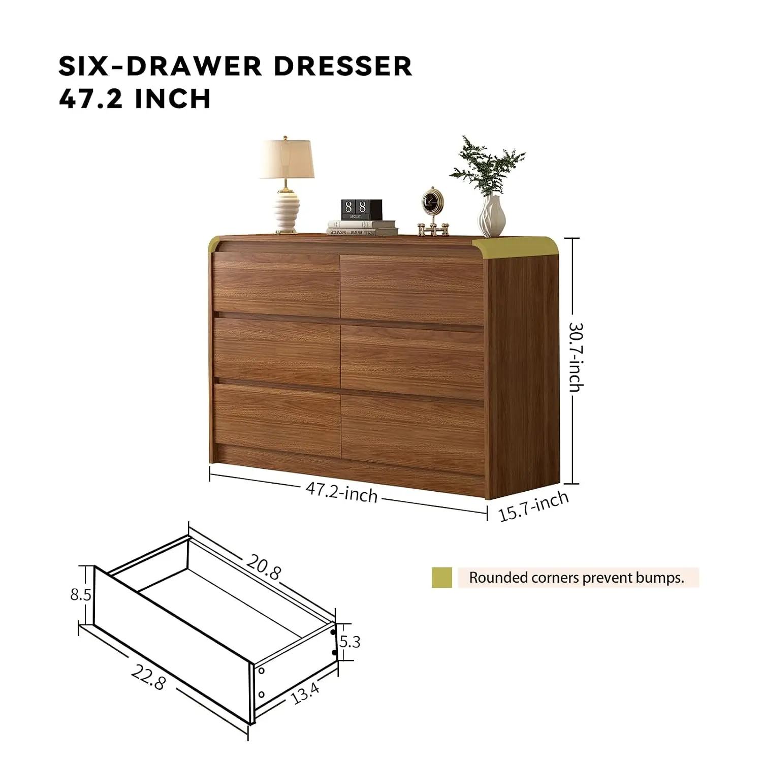 6 Drawer Wooden Dresser 47 Inch Bedroom Storage Chest, Customized