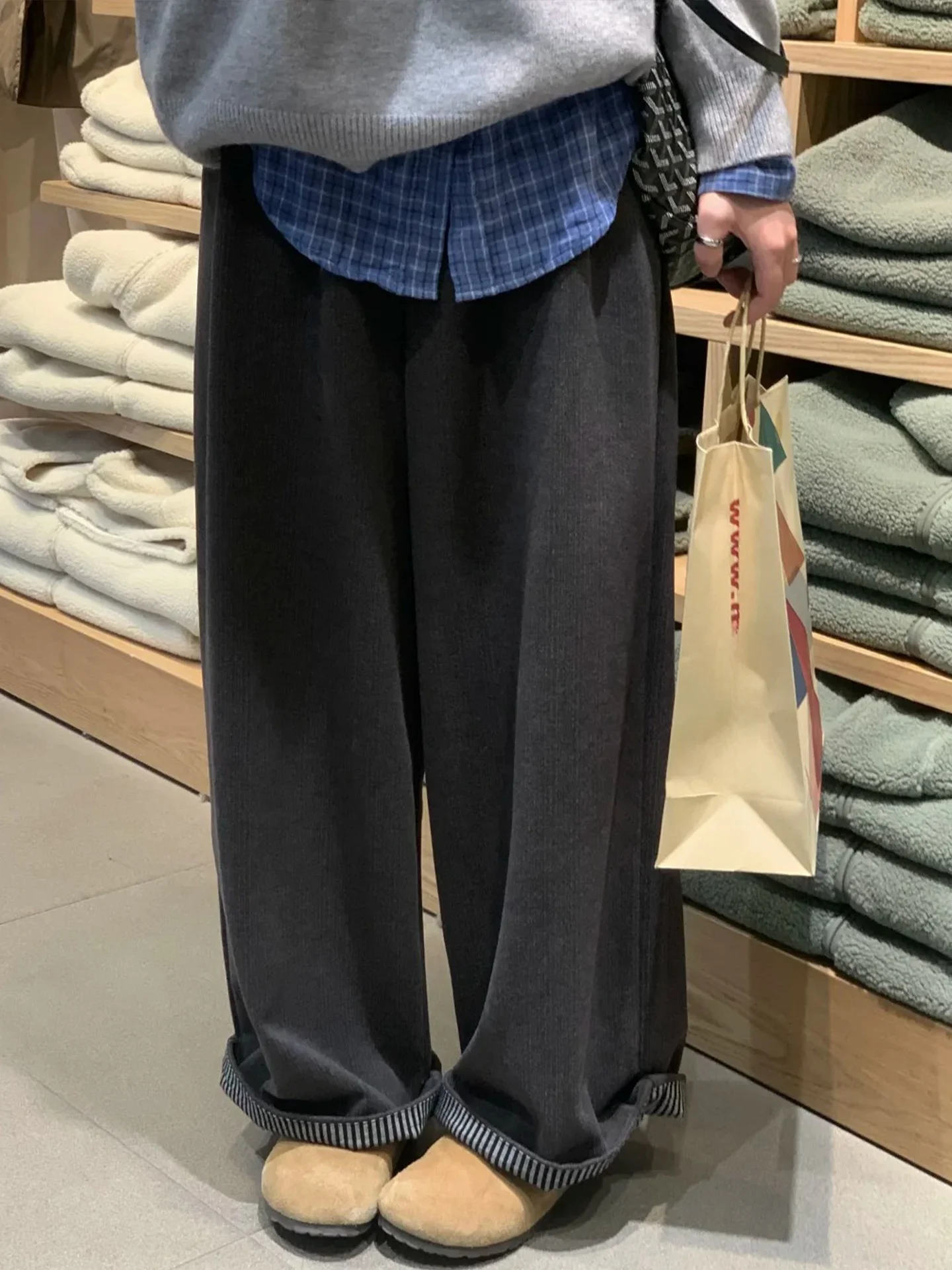 Retro ey Plaid Wide Leg Pants Women's Autumn Winter Fce Lined Thiened Warm Loose Fit Straight Cut Slimming Pants